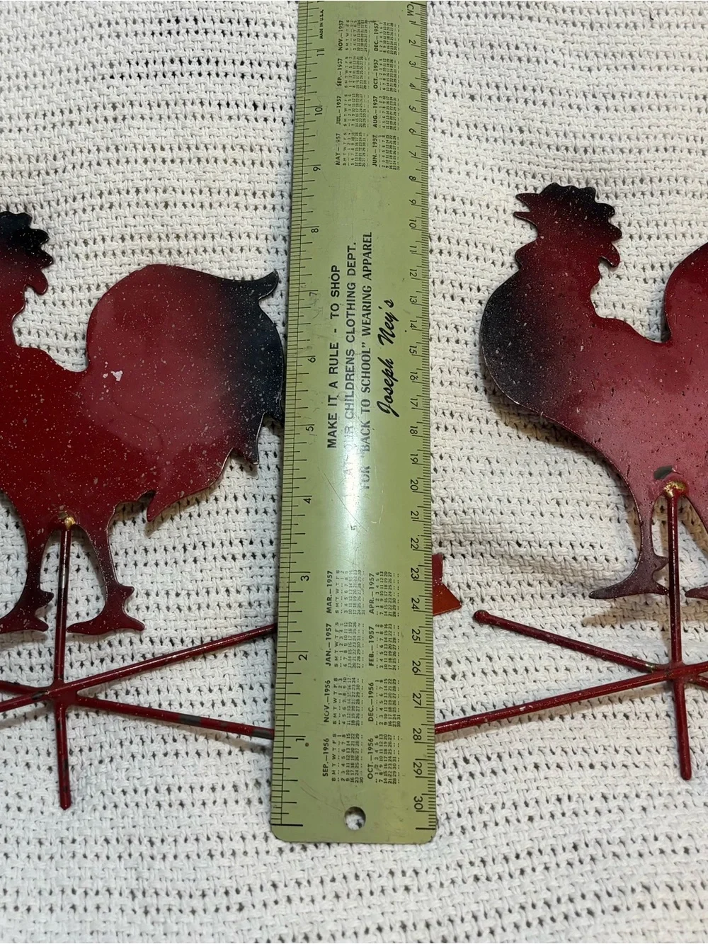 Vintage Pair of Metal Rooster Weathervane Wall Decor – Barn Red & Black